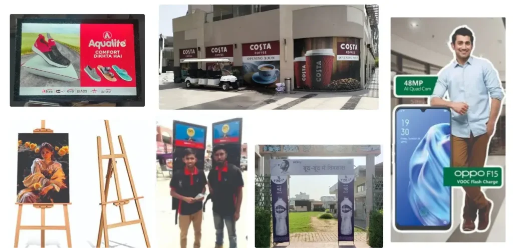 "Collection of various advertisement formats, including digital billboards, wall branding for Costa Coffee, a life-size cutout for Oppo F15, easel-mounted promotional posters, human banner advertising, and an entry gate advertisement for Kinley water."