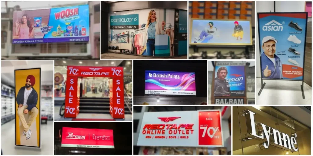 "Collage of retail advertisements, including billboards, store branding, sale promotions, and product displays for brands like Woosh, Pantaloons, Asian, Red Tape, Paragon, British Paints, and Lynne."