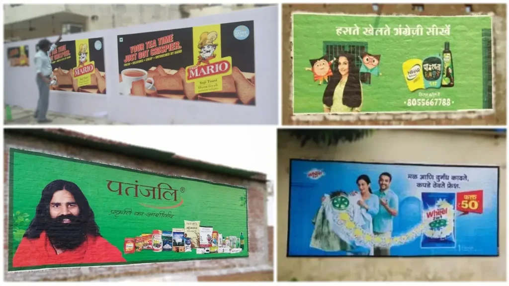 "Collage of outdoor wall advertisements featuring brands like Mario suji toast, Patanjali products, Wheel detergent, and Nihar Shanti Amla, highlighting product promotions and endorsements by well-known personalities."