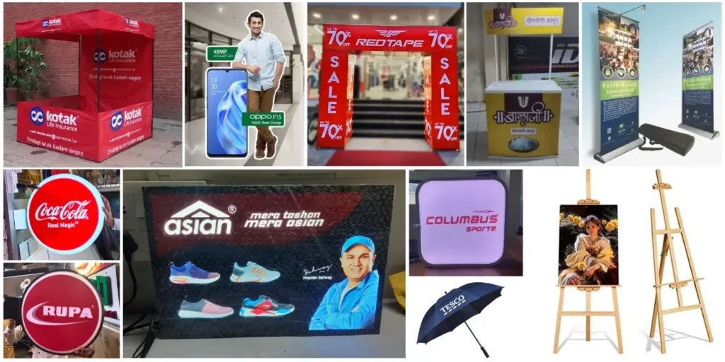 "Various promotional advertising methods, including canopy tents, cutouts, sale archways, standees, illuminated signs, display counters, umbrellas, and easel posters for brands like Kotak, Oppo, Red Tape, Coca-Cola, and Tesco."