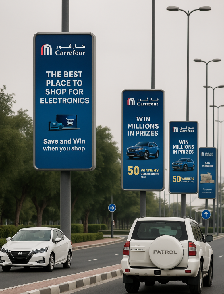 Pole kiosk ads Street view of a city road lined with tall streetlights displaying Carrefour banners advertising electronics deals and prizes, under a cloudy sky with cars passing by.