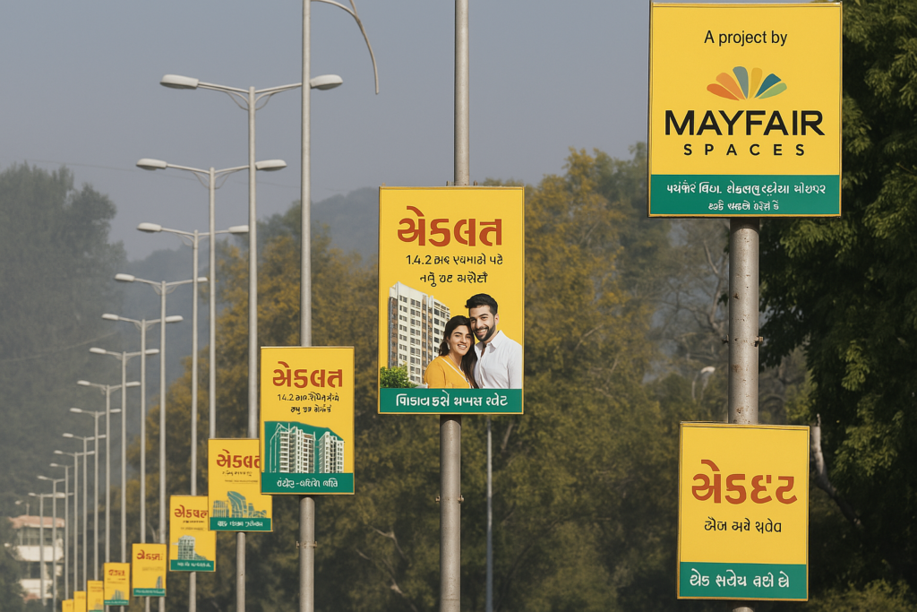 Pole kiosk ads Landscape view of a clean urban street with yellow promotional banners for Mayfair Spaces' Ekdant housing project displayed on lamp posts, surrounded by green trees and blue sky.