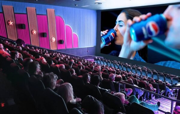 Cinema advertising display on big screen before movie starts, engaging audience with impactful brand message