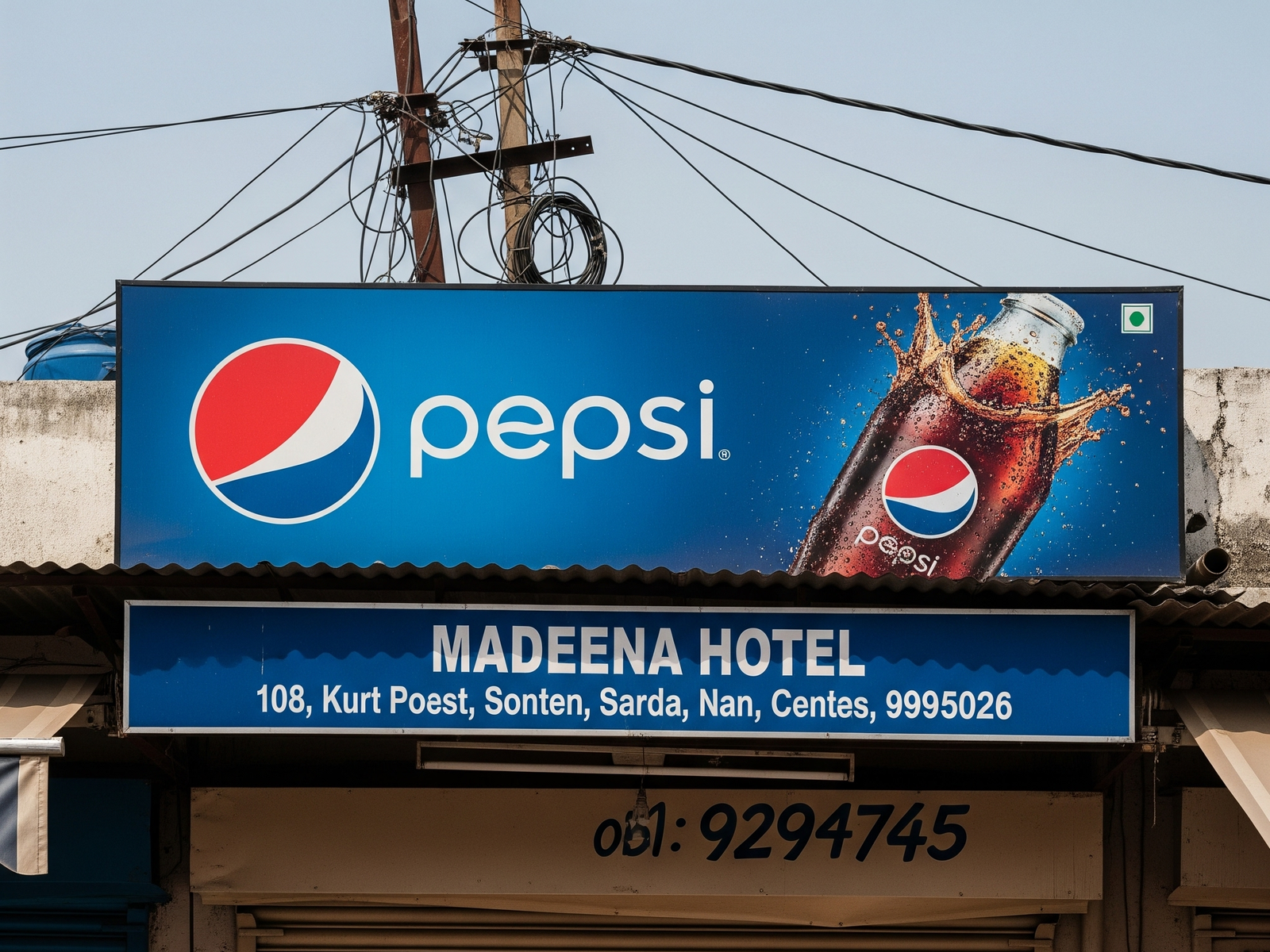 Branded dealer board above a local Indian shop promoting Pepsi, featuring bold logo, vibrant design, and local business name for high street visibility.
