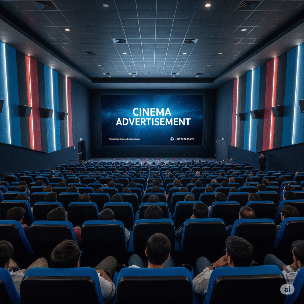 Cinema advertising by ACME Advertising Co. featuring on-screen brand ads, theatre lobby standees, and digital displays inside an Indian multiplex.