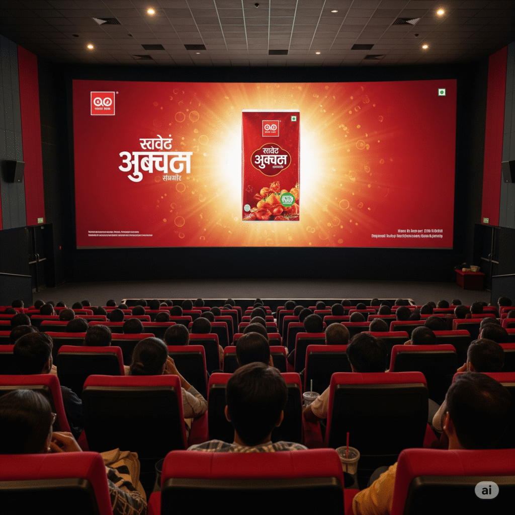 Cinema advertising by ACME Advertising Co. featuring on-screen brand ads, theatre lobby standees, and digital displays inside an Indian multiplex.