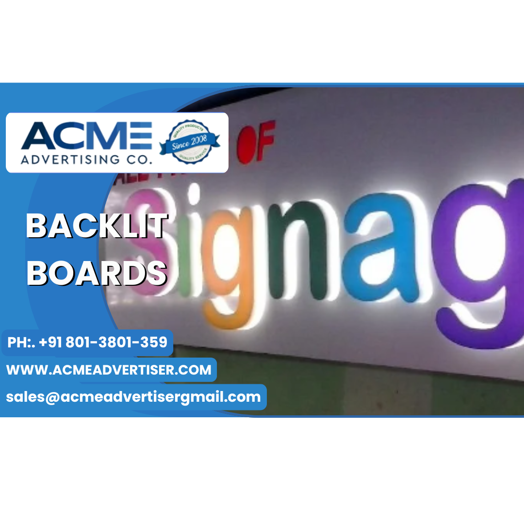 "Colorful 3D backlit signage board with text 'All Types of Signage' on a wall"
