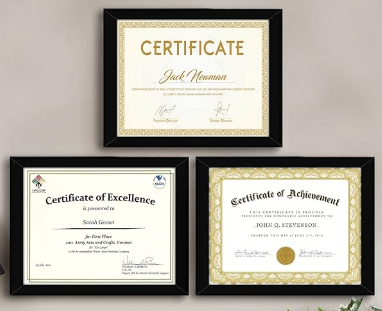 "Three black-framed certificates displayed on a wall, including a Certificate of Excellence, Certificate of Achievement, and a general Certificate awarded for individual performance and recognition."