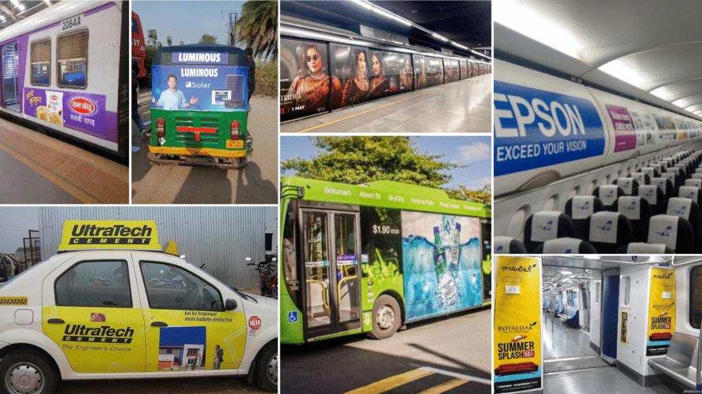 A collage showcasing transit advertising on trains, buses, taxis, autos, metro interiors, and airplane cabins featuring brands like Ram Bandhu, Luminous, UltraTech Cement, Epson, and Royal oak.