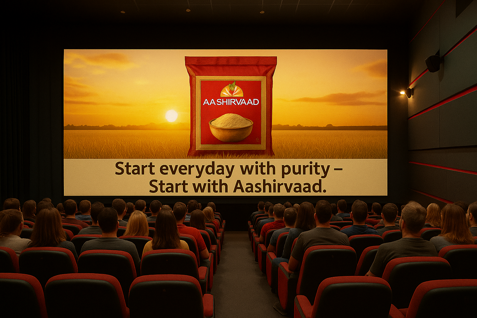 Cinema ads showcasing Aashirvaad atta on big screen, promoting purity through impactful electronic media advertising.