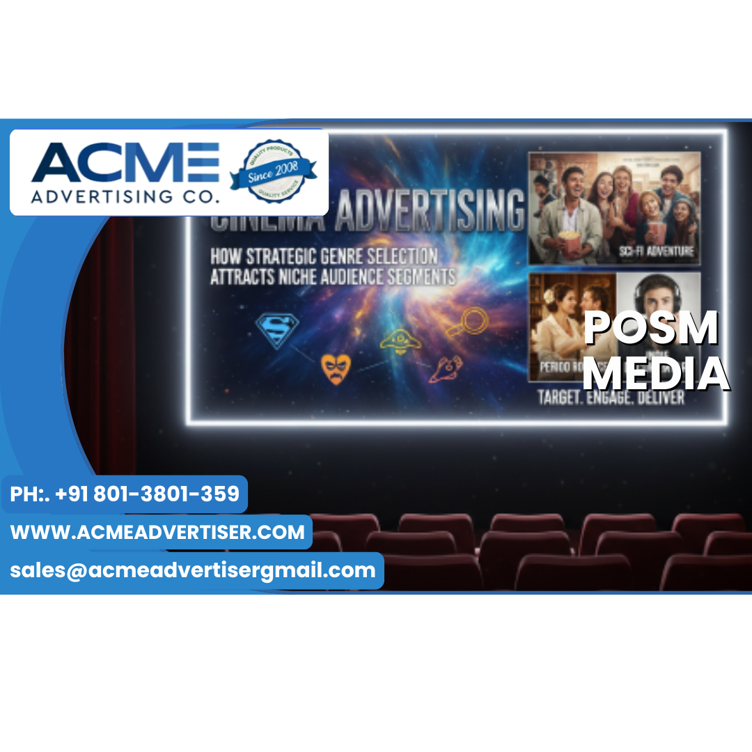 Cinema advertising display on big screen before movie starts, engaging audience with impactful brand message