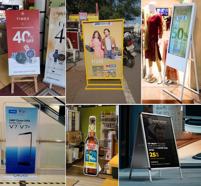 Collage of six promotional standees featuring watch, beer, grooming, smartphone, fiber service, and retail sale offers.