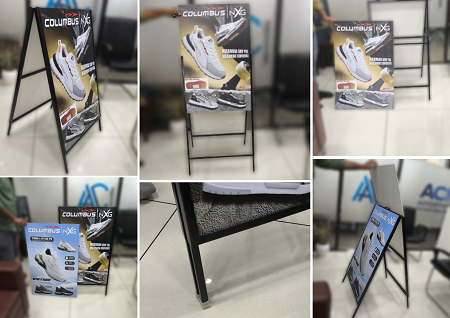 Double sided slider stand used for retail branding and promotional displays.